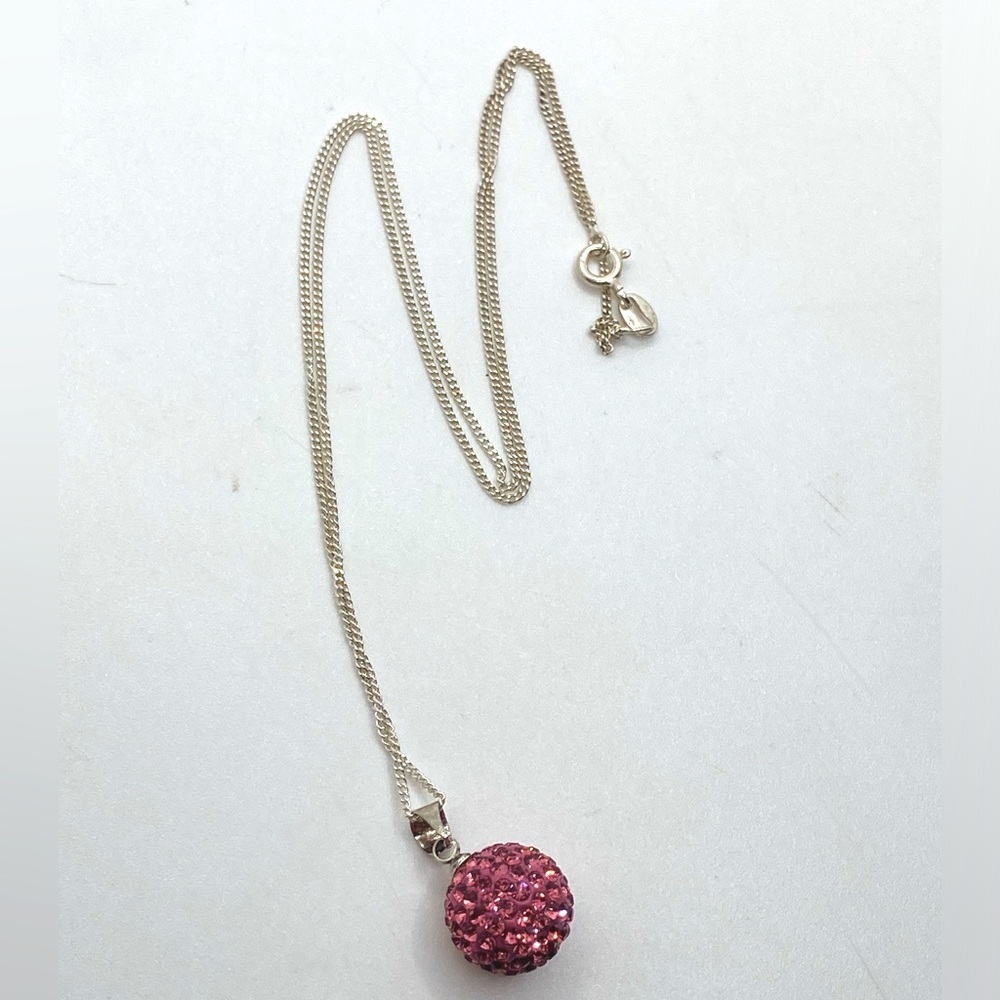 Vtg Sterling Silver Pink Crystal Sparkle Ball Pendant & Chain 18” & .7” Pendant